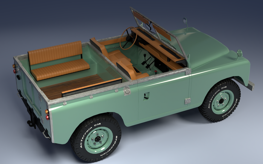 Grüner Land Rover Serie 3 mit brauner Innenausstattung aus Leder als Cabrio mit offener Ladefläche und Holzboden 