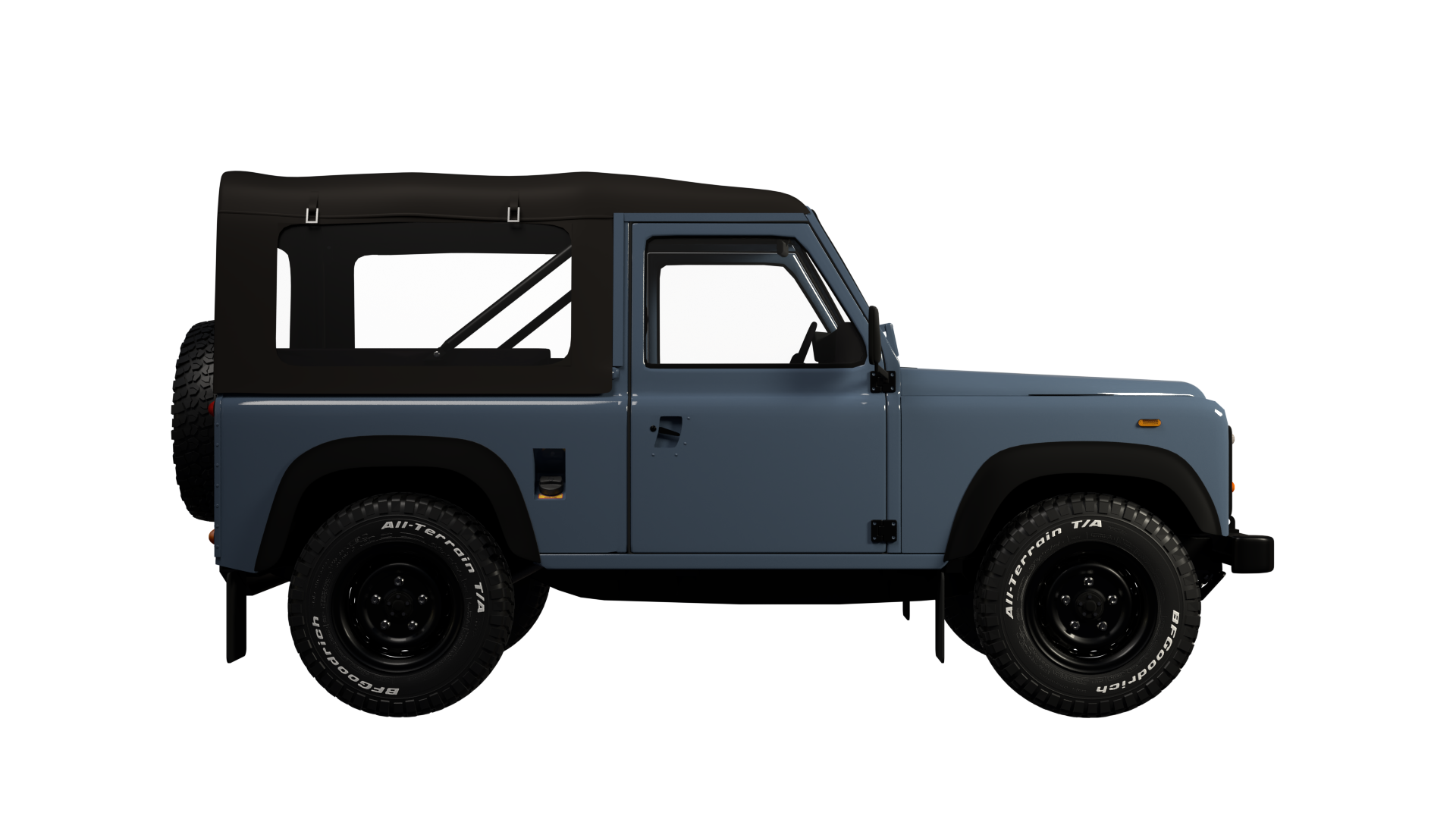 rendering blauer Land Rover Defender 90 mit schwarzem Softtop